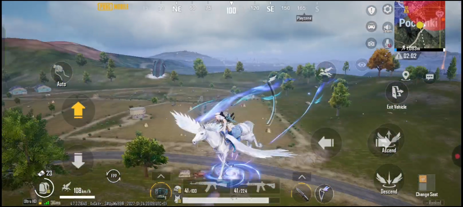PUBG MOBILE and BGMI Aurora Pegasus riding gameplay showing flight controls