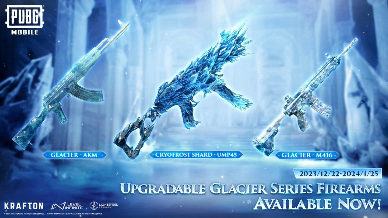 PUBG MOBILE Glacier weapon collection artwork showing AKM Glacier, Cryofrost Shard UMP45 and M416 Glacier