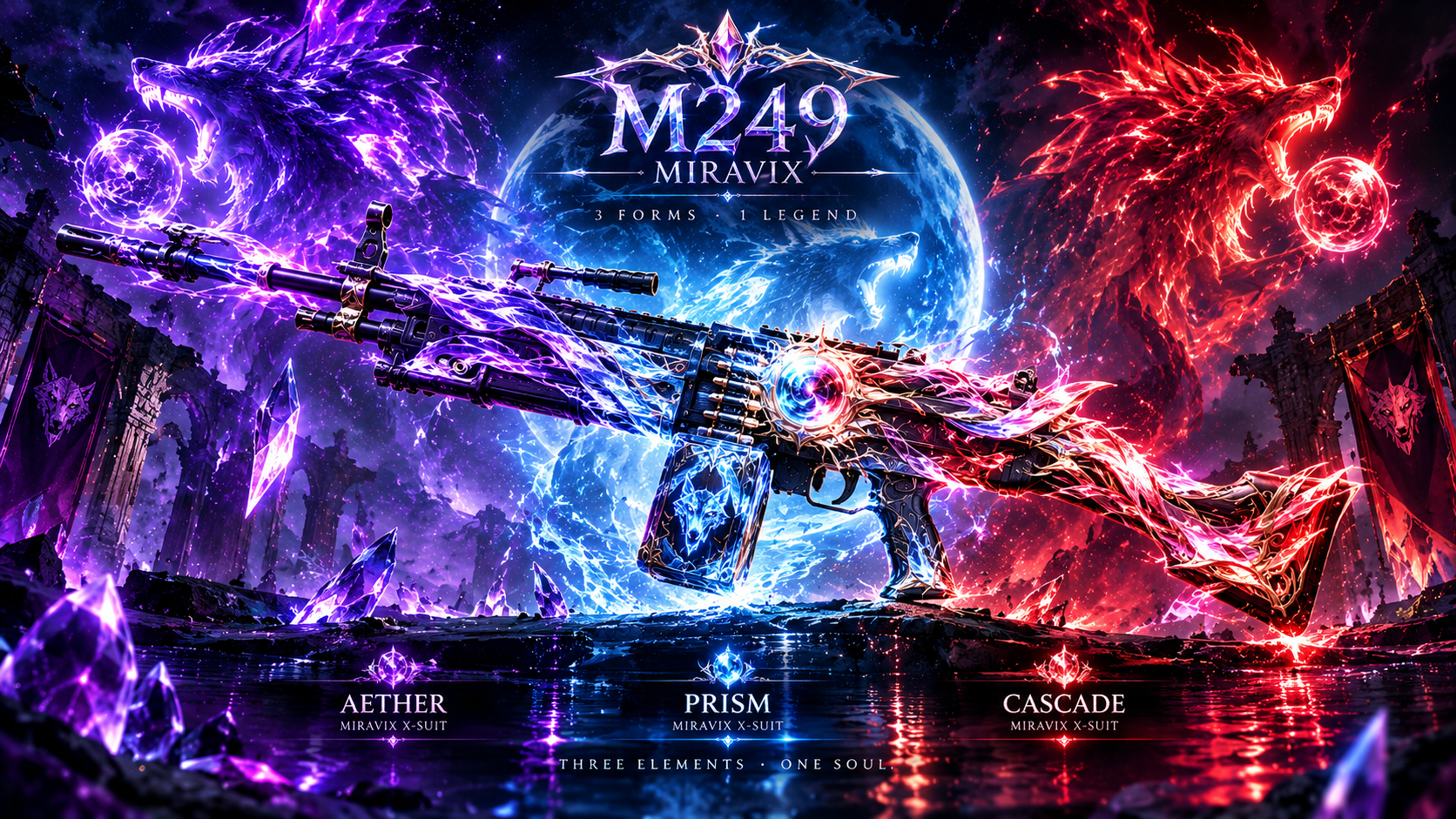 Miravix M249 skin in PUBG MOBILE and BGMI combining purple, blue and red Miravix X-Suit themes